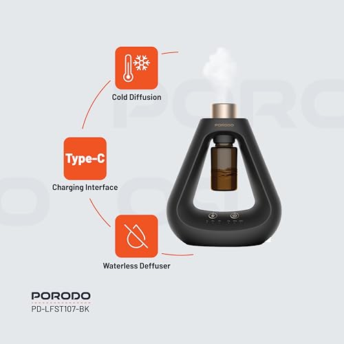 Porodo Essential Oil Diffuser, Mini Scent Air Machine, Waterless Diffuser with Timing & 3 Mist Levels, Aroma Diffuser for Home Scent Aromatherapy Diffuser, Room, Car, Office (Black)