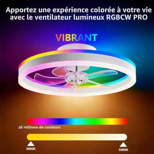 Seyxicnor RGBCW Smart Ceiling Fan with Light, APP Remote Control, 10 RGB Modes, 6 Reversible Speed, Silent LED Dimmable Ceiling Fan for Bedroom 50 cm White