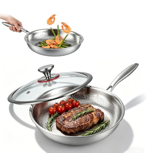VeftBltrem Titanium Frying Pan with Lid, Titanium Hammered Pattern Frying Pans for Cooking, Scratch-resistant, Non-Stick, Pro Induction Frying Pan for Kitchen and Camping (22cm)