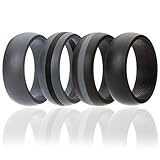 Silicone Wedding Ring For Men By ROQ, 4 Pack Silicone Rubber Band - Black, Black With Thin Grey Stripe, Grey With Black Stripe, Grey, Size 7