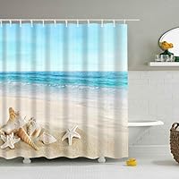 UHUSE Beach Shower Curtain, Seashell Starfish Sand Blue Sky Beach Theme Shower Curtain Waterproof Polyester Fabric Shower Curtain Set with Hooks Bathroom Decor 72" x 72"