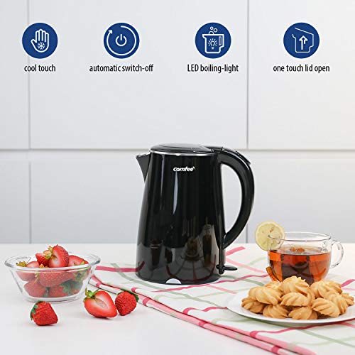 COMFEE' 1.7L Double Wall & Low Noise Electric Kettle with 100% Stainless Steel Inner Pot and Lid. Cool Touch & BPA Free. 1500W Fast Boil. Cordless with Auto Shut-Off & Boil Dry Protection. Black - Thumbnail 6
