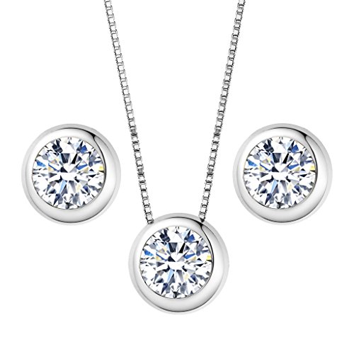 EleQueen 925 Sterling Silver 0.7 Carat Solitaire Round CZ Bridal Necklace Earrings Jewelry Set