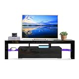 SUNCOO TV Stand Media Console Cabinet LED Shelves with 2 Drawers for Living Room Storage High Gloss Black for up to 72-inch TV Screens