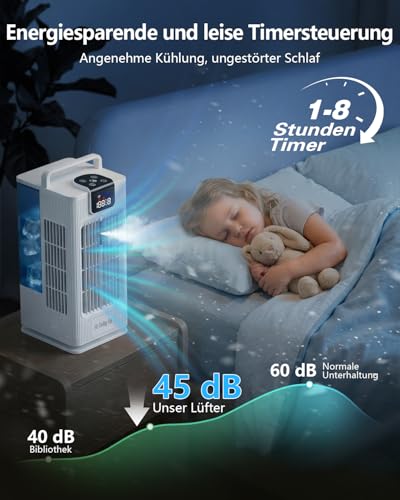 Aiorber Mobile Air Conditioning Mini Air Cooler: Fan with Water Cooling 2000 ml Water Tank 120° Oscillation, 4 Wind Levels, LED, Timer Remote Control Air Conditioner without Exhaust Hose for Home and