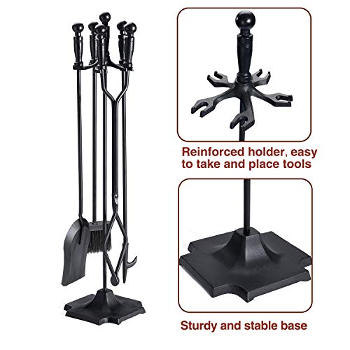 Syntrific 5 Pieces Fireplace Tool Set Black Cast Iron Fire Place Tool Set with Log Holder Fire Pit Stand Rustic Tongs Shovel Antique Broom Chimney Poker Wood Stove Hearth Accessories Set (Renewed)