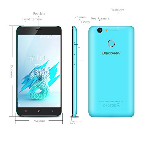 Blackview E7S - Móviles Libres Baratos Dual SIM Android 6.0 5.5 pulgadas (3G Smartphone, Quad-core, 2GB RAM, 16GB ROM, 8MP Cámara, Huellas Dactilares, 2700mAh, Bluetooth 4.1, GPS) - Azul