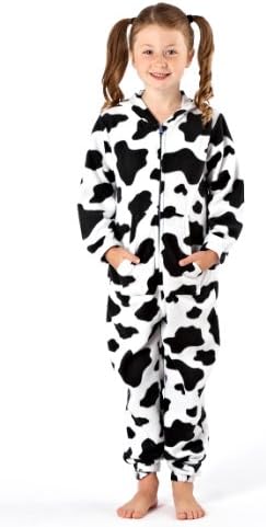 Girls Cow Spot and Leopard Head Soft Warm Fleece Onesies Pyjama Jumpsuit Lounge Wear 1726