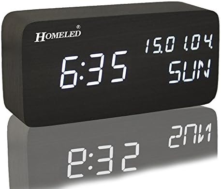 Homeled Wooden Cube Digital Desk Alarm Clock for Kids LED Travel Clock with Time / Week / Date / Temperature Displaying Sound Control Powered by 4 AAA Batteries or USB Cable (Black)