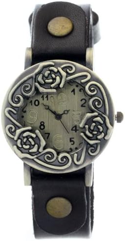 Retro Genuine Leather black Strap Heart-shaped Case Rose-shaped Relief Quartz Woman Watch