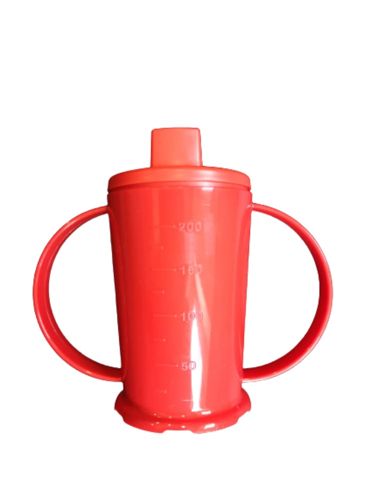 NuHorizons Healthcare Products Red Two Handled Graduated Beaker with Lid - 200ml Adult Feeder Cup - Drinking Aids (Wide Spout, Pack of 1)