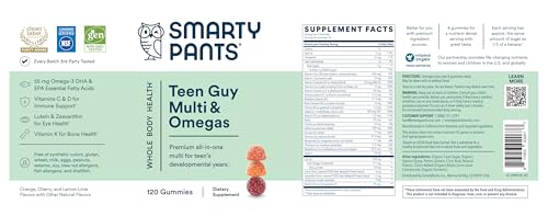 SMARTYPANTS TEEN GUY FORMULA, DAILY MULTIVITAMIN GUMMIES: VITAMINS C, B12, K, ZINC, & BIOTIN FOR IMMUNE SUPPORT, ENERGY, SKIN & HAIR SUPPORT, ASSORTED FRUIT FLAVOR, 120 GUMMIES (30 DAY SUPPLY)