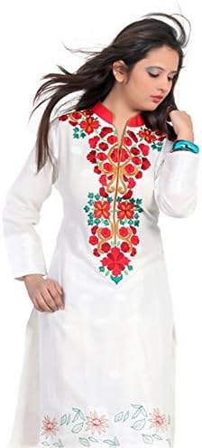Jayayamala Ladies White Cotton Tunic Collar Neck Flower Embroidered Top Kurtis Dress (XXXXL)