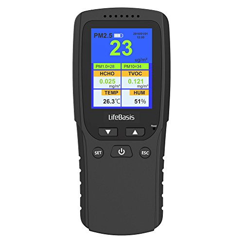 LifeBasis Air Quality Monitor, Accurate Testing PM2.5 Particle Counter Formaldehyde (HCHO) Detector with PM1.0/PM10/ TVOC/ TEMP/HUM/AQI Multi Test Data for Indoor Outdoor Car
