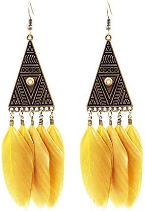 Mac Lawrence Fashion Jewellery Bohemian Retro Triangle Long Feather Tassel Fancy Party Wear Dangle and Drop Earrings for Women and Girls (Yellow)