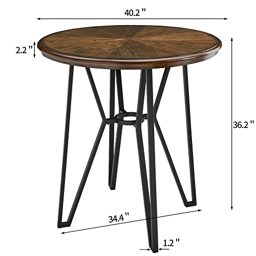 Solid Wood Round Bar Table, Large Counter Table with Sturdy Cross Metal