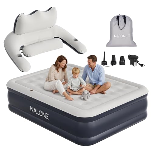 NALONE Matelas Gonflable 2 Personnes Electrique, Lit Gonflable Autogonflant 203x152x45cm, Pompe Électrique Intégrée avec Dossier Amovible (2 Personnes)