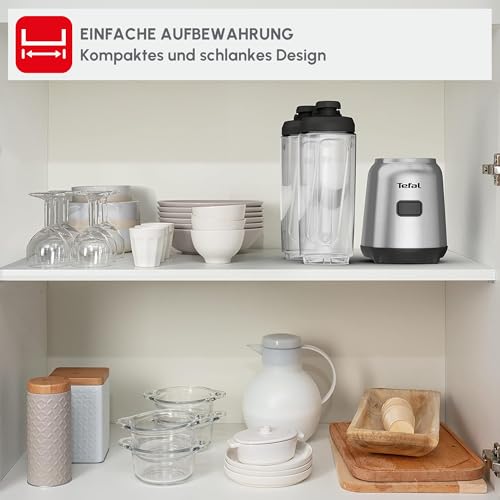 Tefal Mix und Move Mini-Standmixer, 300 Watt, 2 Flaschen To-Go in Premium Tritan, kompaktes Design, einfach zu reinigen, abnehmbare Klingen, Einknopfbedienung, Silber/Grau, BL15FD 10