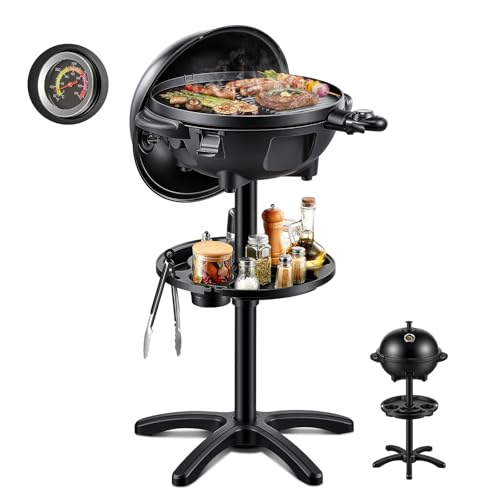 FOHERE 2400W Electric Barbecue 2 in 1: Stand & Table Grill, Adjustable Temperature 0-300°C, 2 Zones, Non-Stick Plate Diameter 41 cm, Condiment Rack and Grease Tray, Black