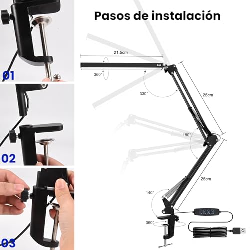 CHARMDOMI Lampara de Escritorio con Brazo Flexible de 360°-Lampara de Mesa,Lamparas Mesa de Trabajo con 3 Ajustes de Colo,Desk Lamp Lámpara de Escritorio Ajustable (Lámpara ajustable negra)