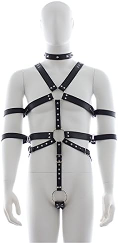 Runsmooth Adjustable Mens PU Leather Full Body Chest Harness With Collar and Armbands, Black
