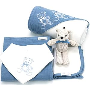 Newborn Baby Gift Basket Set – Shower Gift for Boys. 5 Piece Set. Large Hooded Baby Towel, Washcloth, Cotton Swaddle and…