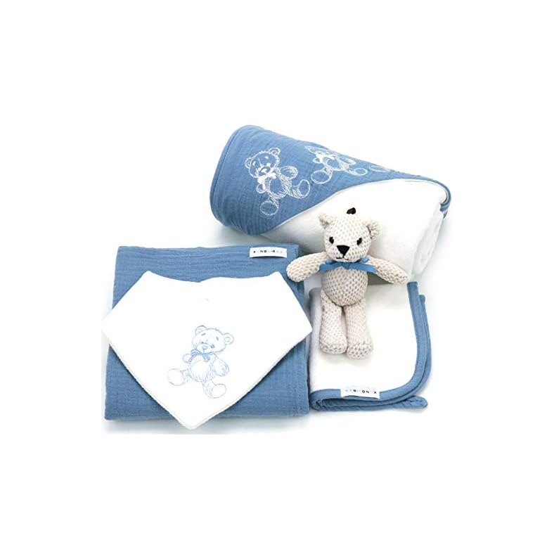 Newborn Baby Gift Basket Set – Shower Gift for Boys. 5 Piece Set. Large Hooded Baby Towel, Washcloth, Cotton Swaddle and…