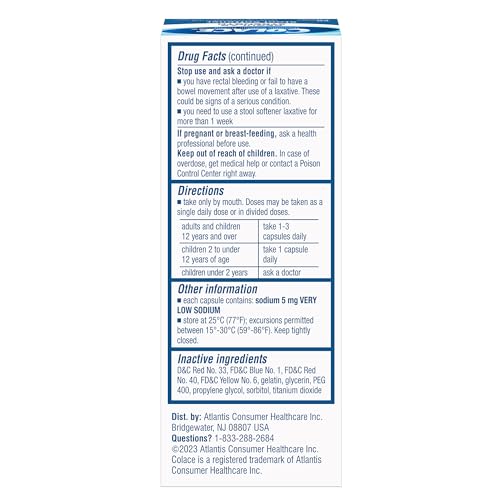 COLACE STOOL SOFTENER 100 MG, 60 CAPSULES, CONSTIPATION RELIEF, DOCUSATE SODIUM, GENTLE DOCUSATE, STIMULANT-FREE, REGULAR STRENGTH, #1 DOCTOR RECOMMENDED STOOL SOFTENER BRAND