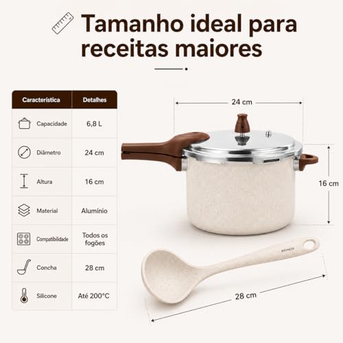 Panela de Pressão Indução Brinox Ceramic Life Pressure 6,8L Ø24cm Vanilla + Concha Silicone Flex 28cm | Antiaderente Cerâmico