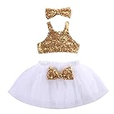 Toddler Baby Girls Gold Sparkle Sequins Design Tops Tutu Skirt and 3 Pcs Outfit Set (3-4 years, White)