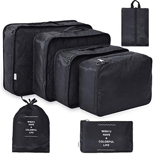 Travel Pack Cube Set Travel Organizer 7 Pcs Waterproof with Portable Folding Packing Organizers Laundry Bag for Carry On (Black)