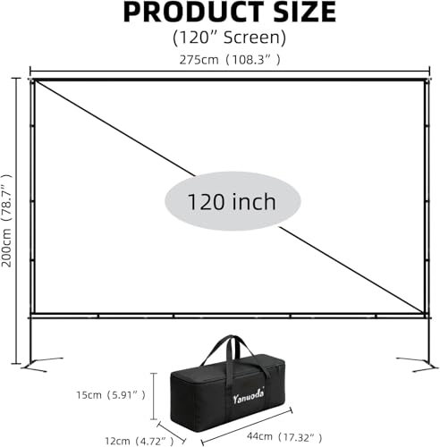 120" Projection Screen with Reinforced Stand - 4K HD 16:9 Anti-Fold Canvas 5 Min Mount for Indoor/Outdoor Parties Home Cinema & Camping - Bag Included