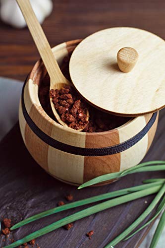2-color Wooden Salt Box With Lid - 12oz Hard Wood Spice Jar - Decorative Dry Herb Container and Moisture-proof Sugar Storage Box - Safe Healthy Durable Salt Cellar and Wooden Container for Kitchen