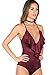 MakeMeChic Women's Deep V Neck Ruffle Faux Suede Sexy Bodysuit,Wind Red,Medium