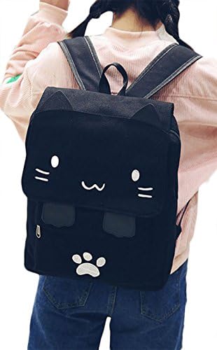 Korean Cute Cat Canvas Backpack Student Cartoon Embroidery School Bag Daypack size One Size (Black(white))