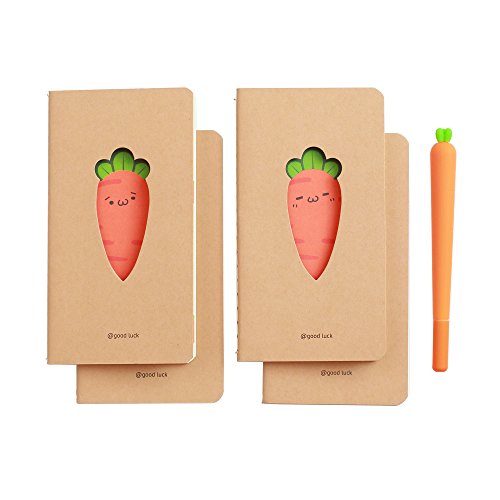 Cartoon Carrot Pocket Notebook with Carrot Shaped Gel Pen - 90 millimeters by 170 millimeters - 4 Pack with One Pen - 28 Sheets - 56 Pages - Perfect for Travel