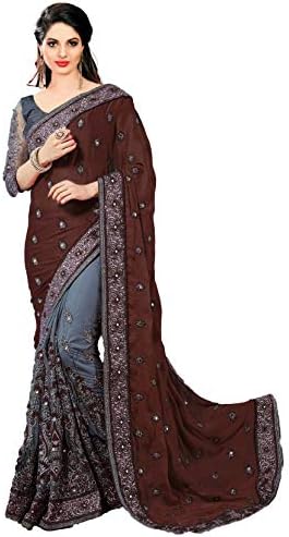 Panash Trends Women's Satin Net Embroidery Work Saree
