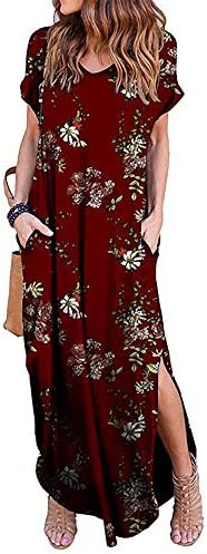 Silvous Women's Casual Loose Pocket Long Dress Summer Beach Floral T Shirt Dresses