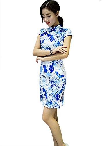 Women's Blue and White Porcelain Retro Printing Cheongsam Short Qipao Dress
