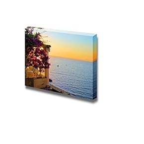 Canvas Prints Wall Art - View from Sorrento, Italy at Dusk from a Flower Draped Terrace | Modern Wall Decor/Home Art Stretched Gallery Canvas Wrap Giclee Print & Ready to Hang - 12" x 18"