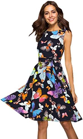 WEISUN Women Casual Dress Summer Butterfly Print Plus Size Dress Sleeveless Loose Dress Sale Today