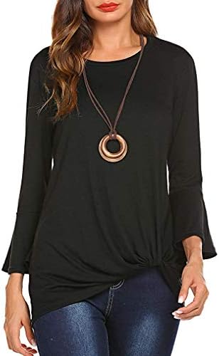 KENANCY Women Bell Sleeve Tops 3/4 Sleeve Twist Knot Tunic Blouses Green S-2XL