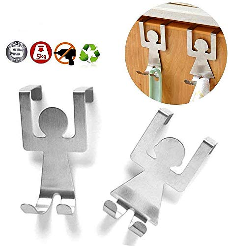 BestWayKitchen Over Door Hooks Stainless Steel Kitchen Towel Rack Storage Drawer Hanger Human Shape - 2pcs