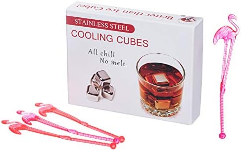 Minxco Whiskey Stones Come in Set of 8, 1.06โ X 1.06โ X 1.06โ, Reusable Cubes Made of Premium Stainless Steel 304 used to Keep Cocktails Chilled Without Dilution. Set Includes Bonus of 4 Stir Sticks.