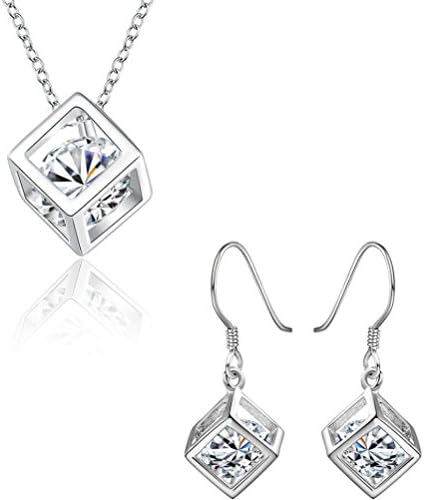 SUNKOOL Women Girls Sterling Silver Plated Rhinestones Rould Cubic Zirconia Hoop Dangle Earrings Neclace Set for Party Christmas Gift
