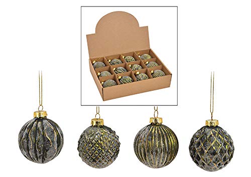 MC-Trend Set of 12 Noble Handmade Glass Christmas Balls Ø 6cm - Christmas Tree Balls (Green Gold)