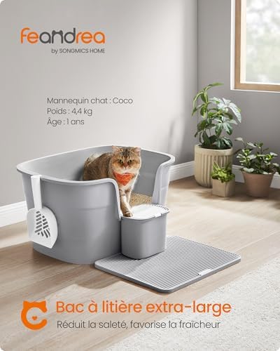 Bac à Litière pour Foyers Multi-Chats, Litière Extra Large avec Paroi Latérale, avec Un Tapis de Litière, Boîte de Rangement, Pelle, pour Grand Chat, Gris Tourterelle PPT003G01