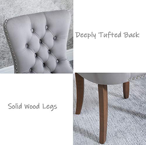 Rhomtree Velvet Fabric Dining Chairs Luxury Tufted Back with Nailed Trim and Back Ring Pull Home Kitchen Dining Room Chairs Armless Side Chairs Solid Rubber Wood Legs, Set of 2 (Grey)
