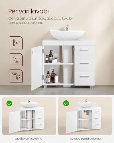 Mobile Sottolavabo per Bagno, Mobiletto da Bagno, 3 Cassetti Laterali, 2 Scomparti dietro l'Anta, per Lavabi con Colonna, con Piedini, 30 x 70 x 64 cm, Bianco Nuvola BBK504W01