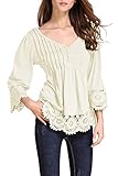 OMZIN Women's 3/4 Sleeve Solid Tunic Shirt Ruffle Lace Trim Casual Tops